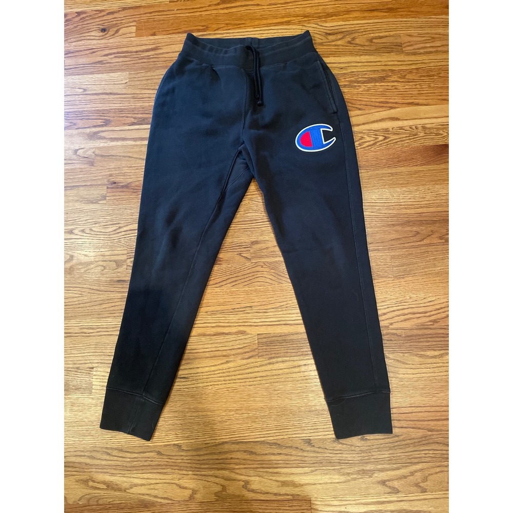 Champion Mens Sweatpants Medium Black Reverse Weave Joggers Big C Patch Logo